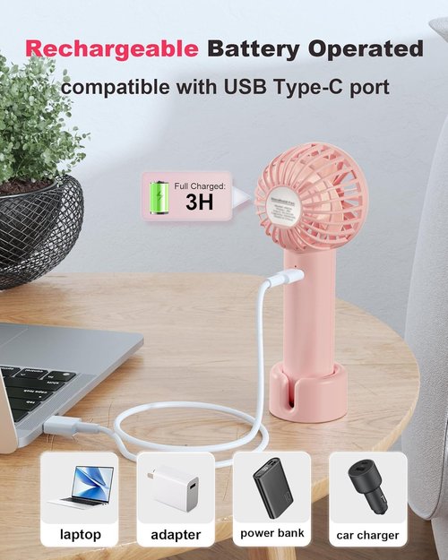 Coohea Mini Handheld Fan - USB Rechargeable, 3 Speed Portable Design for Travel & Makeup - Pink