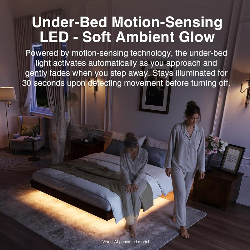 Novilla Walnut Finish Floating Queen Bed Frame with Motion Sensor LED Light & USB-C Power Station