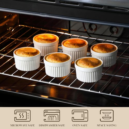 MALACASA Ramekins - 6 oz Oven Safe Porcelain Creme Brulee & Pudding Cups | Set of 6 White Baking Dishes