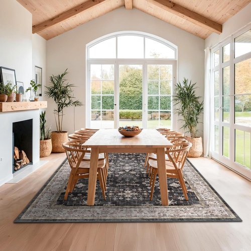 Boho Black Rug - Washable 10x12 Area Rug for Living Room & Dining Room | Soft Low Pile Carpet, Non-Slip & Stain Resistant