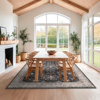 Boho Black Rug - Washable 10x12 Area Rug for Living Room & Dining Room | Soft Low Pile Carpet, Non-Slip & Stain Resistant