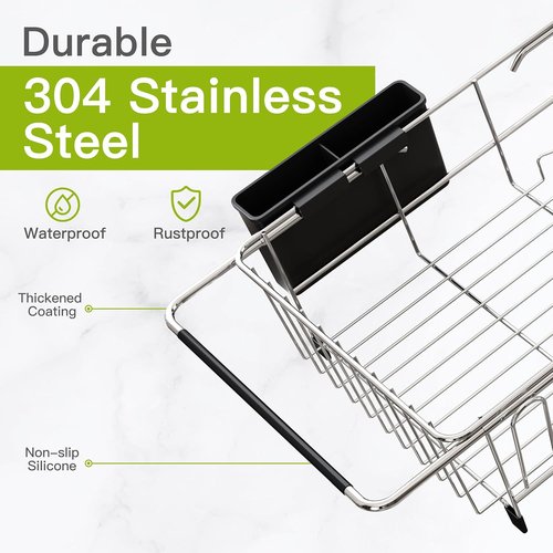 JASIWAY Expandable Stainless Steel Dish Drying Rack - In-Sink Design with Utensil Holder | Silver Finish