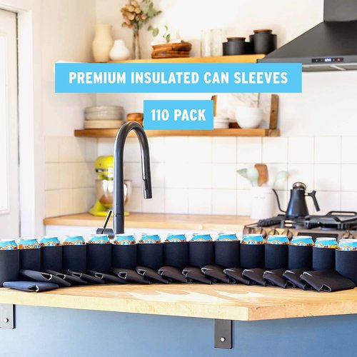 Blank Beer Can Cooler Sleeves (110-Pack) Soft Insulated Beer Can Coolies - HTV Friendly Blank Koolies in Bulk for Beer Cans & Bottles - Black Coolie Blanks for Vinyl Projects & Wedding Favors (Black)