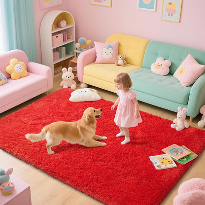 Red 6' x 9' Ultra Soft Shag Area Rug for Bedroom & Living Room (Variation: Red+6' x 9' Rectangular) - Non-Slip Plush Home Decor