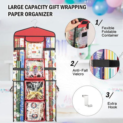 Christmas Wrapping Paper Organizer - Double-Sided Gift Bag Storage Holder | Red