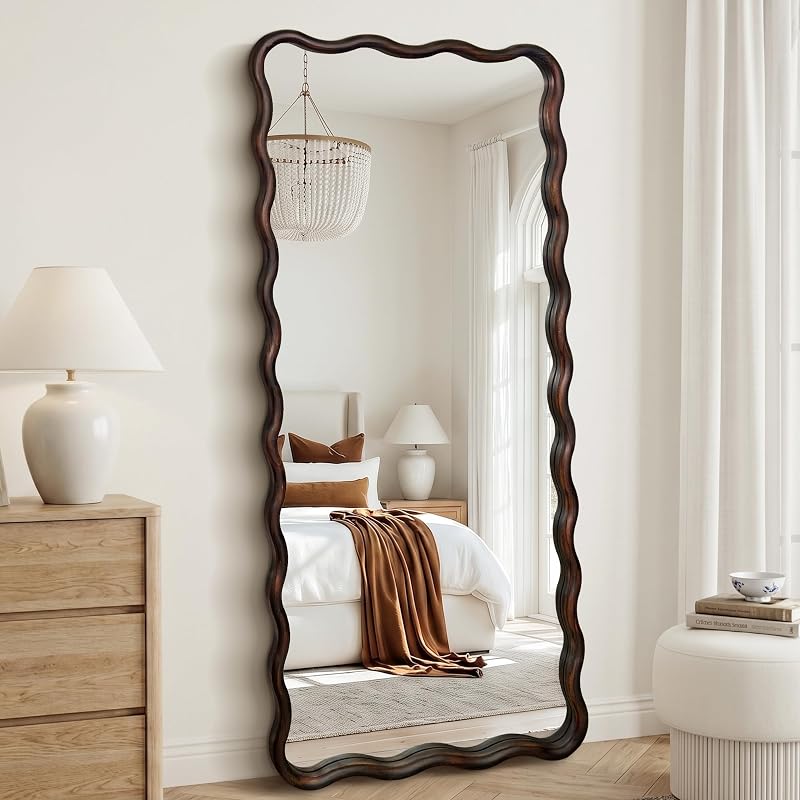 Full Length Mirror 56" x 24" Wood Framed - Dark Brown Wavy Floor Mirror (Variation: 56"L x 24"W)