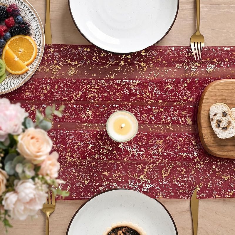 Artoid Mode Burgundy Gold Gauze Table Runner 120 Inch - 28 x 120 in, Glitter Foil