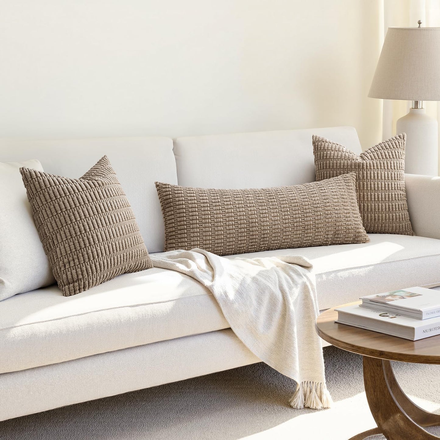 MIULEE Light Brown Long Body Lumbar Throw Pillow Cover - Soft Boho Decor 14x36 Inch for Couch & Sofa