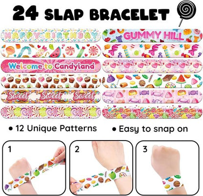 Candyland | 60 PCS Party Favors Set - 36 Temporary Tattoos & 24 Slap Bracelets for Kids, Ideal for Sweet-Themed Celebrations