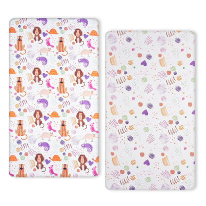TILLYOU Baby Crib Sheets - Super Soft Toddler Bed Sheets | 2 Pack for Standard Crib Mattress 28x52in, Animal Graffiti