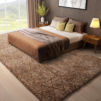 Ophanie Brown & White Diamond Striped Rug - Fluffy Shag 8x10 Soft Carpet for Living Room & Bedroom Decor