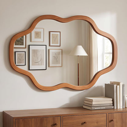 Cloud-Shaped Wall Mirror 20x30 in with Solid Wood Frame, Tempered Glass, Irregular Silhouette - Yellowish-Brown