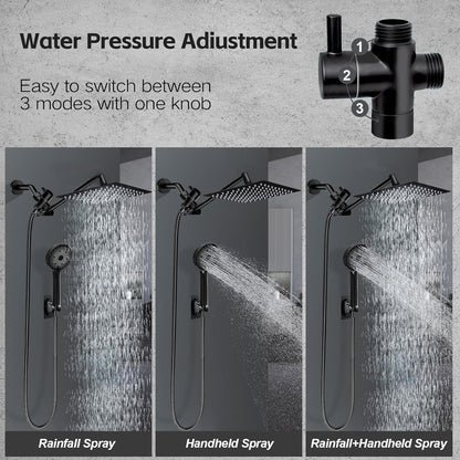 Skiennix 10” Rain Shower Head - High Pressure Handheld Spray Combo with Adjustable Arm | Matte Black Finish
