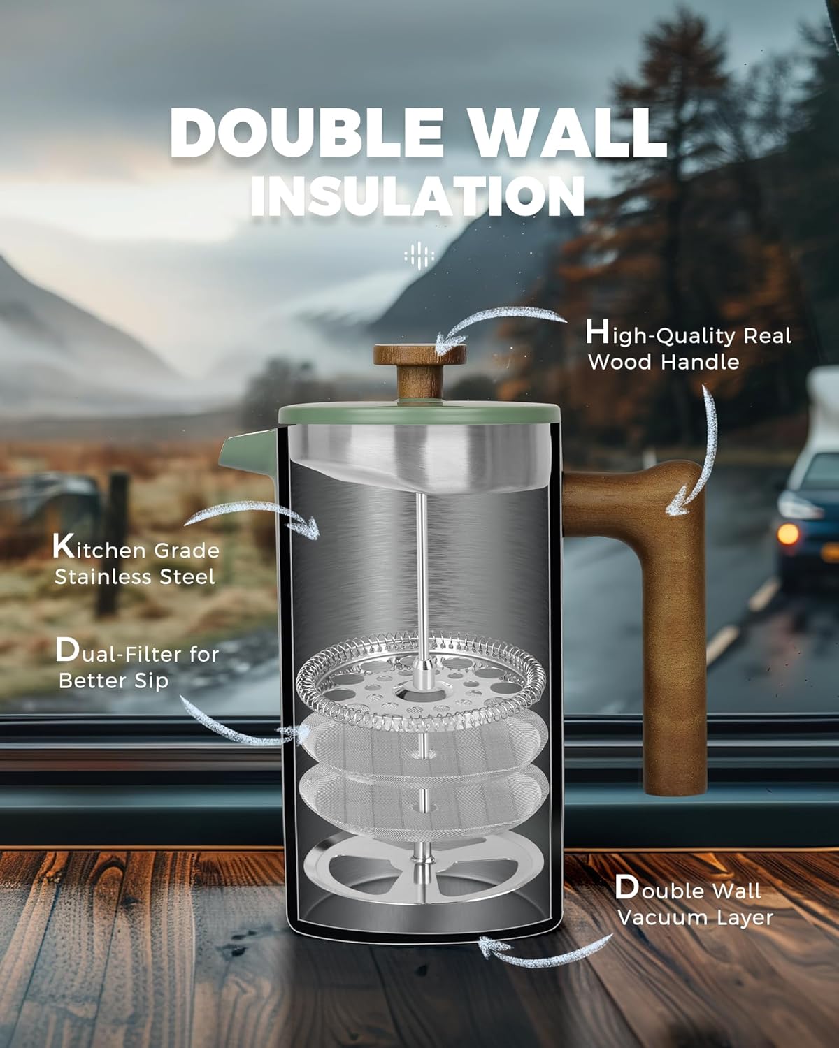 POLIVIAR French Press Coffee Maker - 34 oz Stainless Steel with Real Wood Handle & Double Wall Insulation