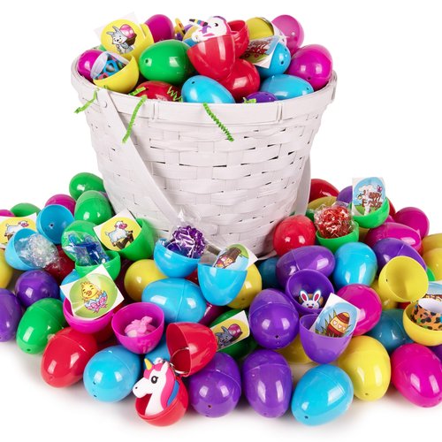 Giraffe 100 Pack Prefilled Easter Eggs Bulk - Multi Color Plastic Filled Easter Eggs for Kids with Toy Filled Slap Bracelets, LED Rings, Stickers - Easter Basket Stuffers for Kids