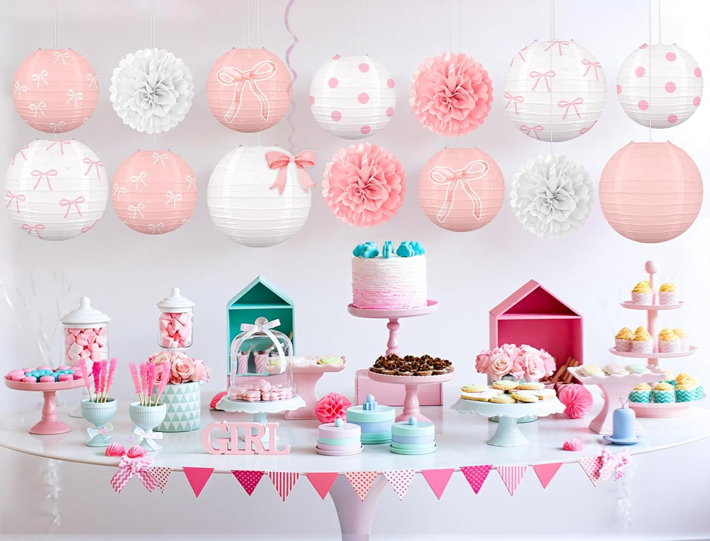 Skiennix 15-Piece Pink Bow Birthday Party Decorations - Paper Lanterns for Girls' Baby Showers