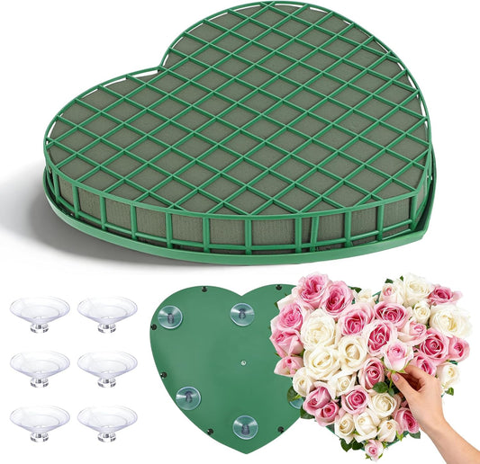 STOBOK Floral Foam Hearts - Heart-Shaped Floral Foam Cage with 5 Suction Cups for Weddings | Green, 12.2 x 11.4 in