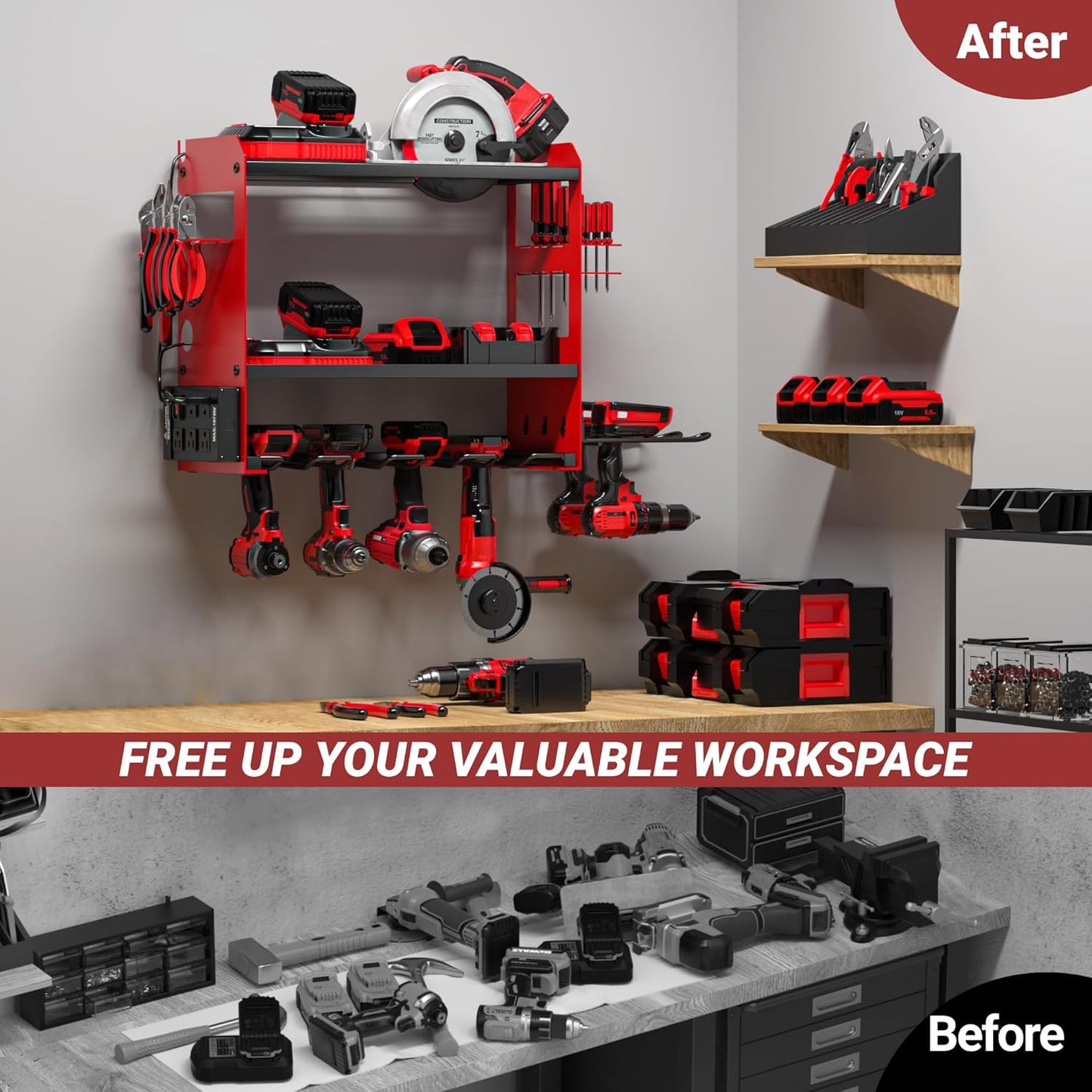 YYR Power Tool Organizer - Heavy-Duty Wall Mount with Charging Station & Battery Storage Rack - Red