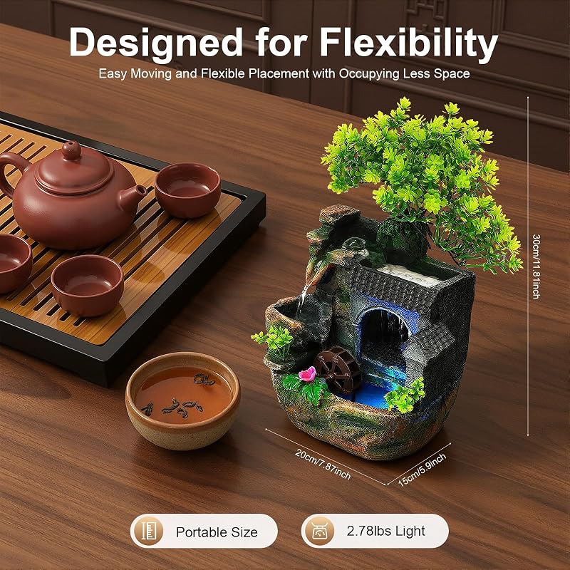 Tabletop Fountain Rockery with Color LED Light, 11in Resin Desk Waterfall