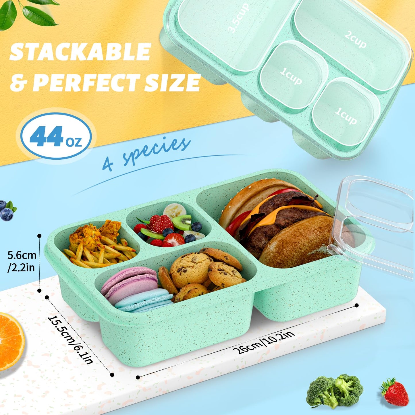 Bento Box for Adults and Snack Containers Set of 4 - Stackable, with 4 Compartments, Microwave & Dishwasher Safe, BPA Free - Reusable Meal Prep Containers for Kids and Adults (Green)