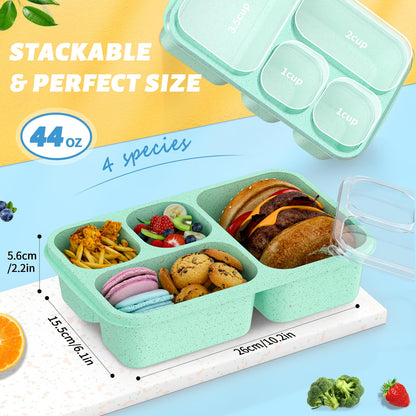 Bento Box for Adults and Snack Containers Set of 4 - Stackable, with 4 Compartments, Microwave & Dishwasher Safe, BPA Free - Reusable Meal Prep Containers for Kids and Adults (Green)