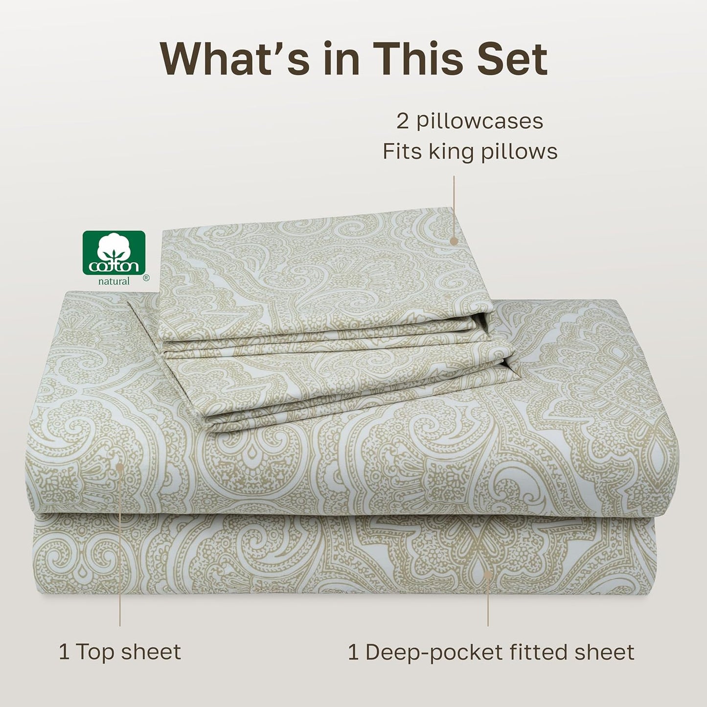 California Design Den King Size Cotton Sheets Set - 100% Soft Cotton, 400 TC, Award-Winning Comfort | Paisley Beige
