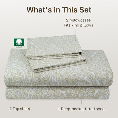 California Design Den King Size Cotton Sheets Set - 100% Soft Cotton, 400 TC, Award-Winning Comfort | Paisley Beige