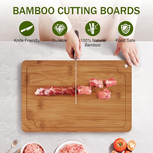 Bamboo Cutting Boards Set - Premium Wood Chopping Boards with Juice Grooves & Handles | 2-Piece Set
