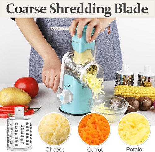 Cambom Rotary Cheese Grater - Hand Crank Shredder for Fresh Cheese, Veggies & Nuts | Non-Slip Base, 5 Blades, Blue