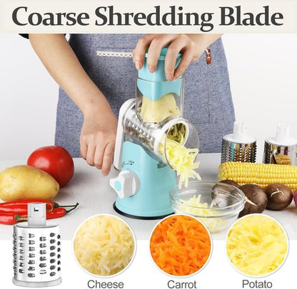 Cambom Rotary Cheese Grater - Hand Crank Shredder for Fresh Cheese, Veggies & Nuts | Non-Slip Base, 5 Blades, Blue