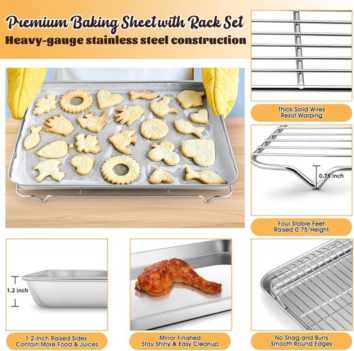 E-far Large Baking Sheet Set - 20”x14” Stainless Steel Cookie Pan with Cooling Rack - Dishwasher Safe