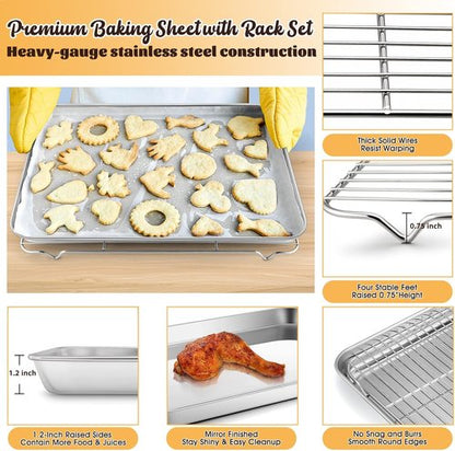 E-far Large Baking Sheet Set - 20”x14” Stainless Steel Cookie Pan with Cooling Rack - Dishwasher Safe
