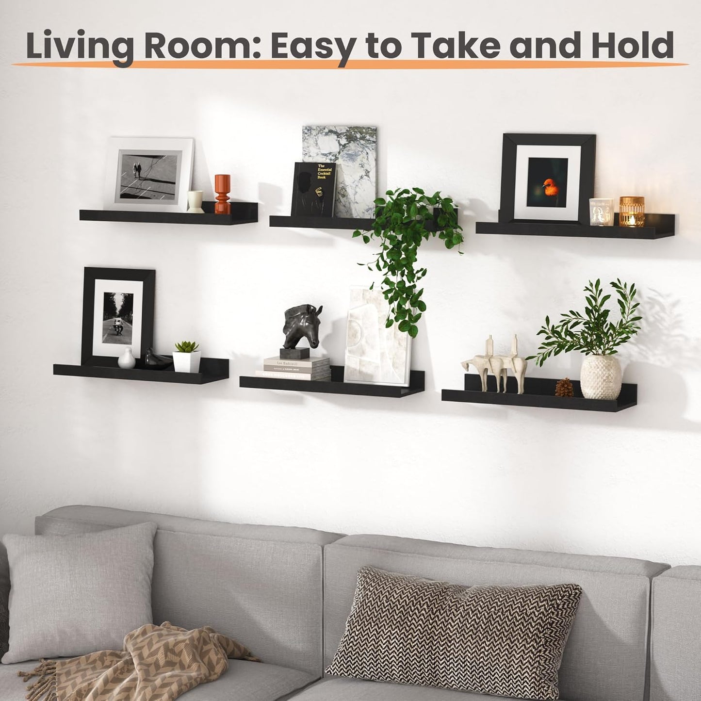 Upsimples Floating Wall Shelves - Set of 6 Stylish Wood Shelves for Home Decor | Black