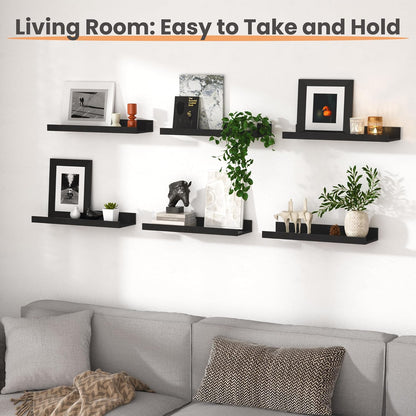 Upsimples Floating Wall Shelves - Set of 6 Stylish Wood Shelves for Home Decor | Black