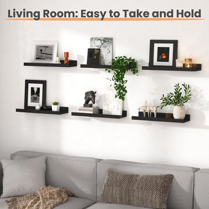upsimples Floating Shelves for Wall, Wall Shelves for Decor Storage Set of 6, Wall Mounted Wood Shelf for Bedroom, Living Room, Bathroom, Kitchen, Picture Ledge Shelf, Black