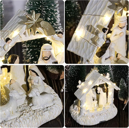 Nativity Set with LED Lights - Christmas Nativity Scene & Manger for Festive Table Decoration