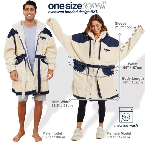 KOOETTS Wearable Blanket Hoodie Women Men With Zipper Denim & Sherpa Sweatshirt Blanket for Adult Warm & Cozy Oversized Hooded Blanket Jacket Birthday Gifts for Wife Mom Husband
