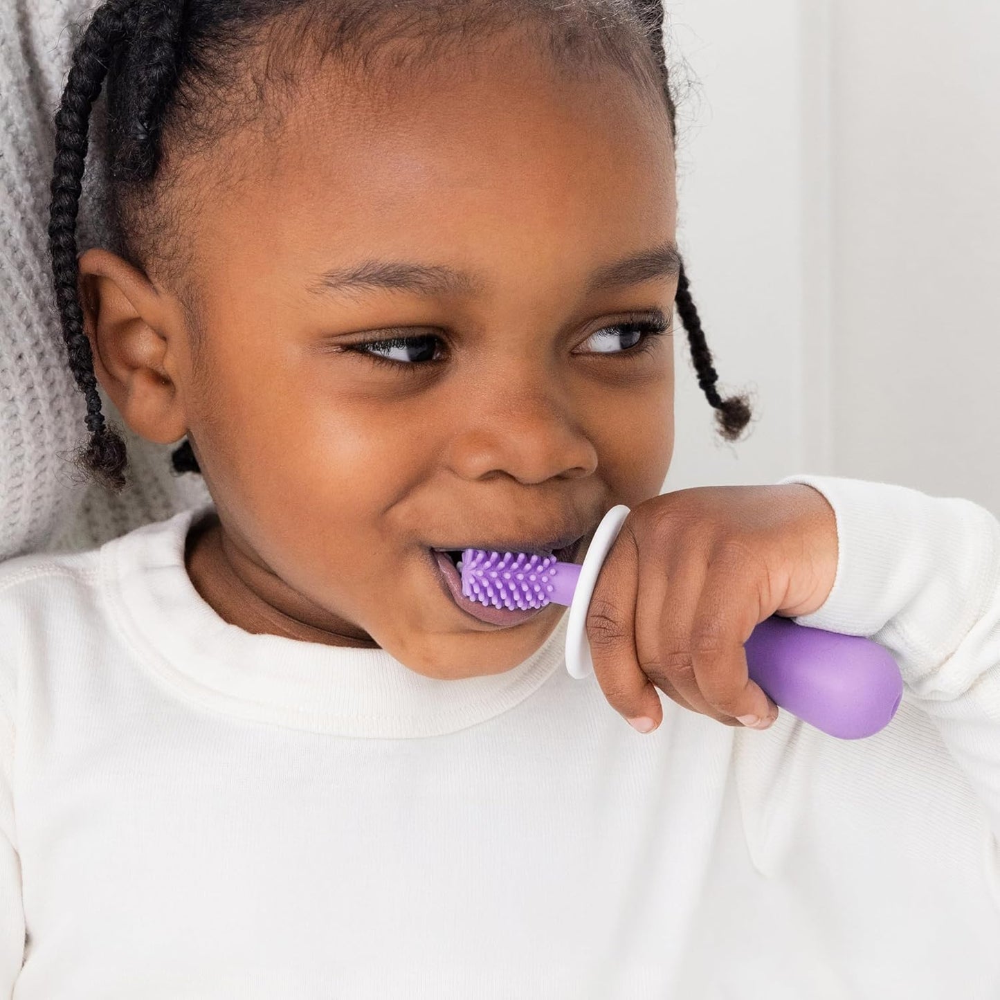 Ubbi 360° Baby Training Toothbrush - Safety Shield & Cover, Gentle Cleaning, Smoothie Purple