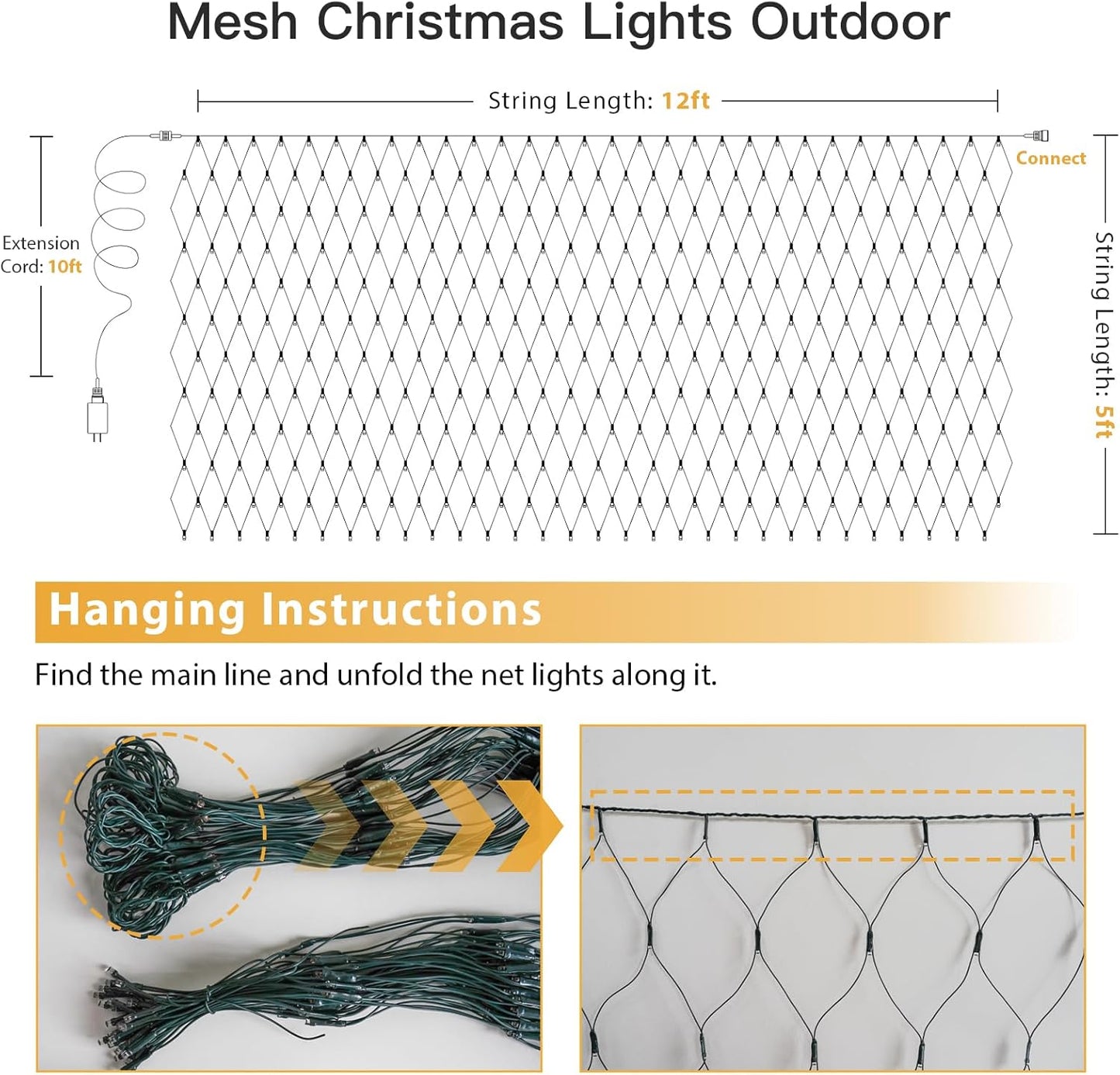 Suddus 360 LED Christmas Net Lights - Waterproof Connectable Green Wire for Outdoor Decoration | 12ft x 5ft