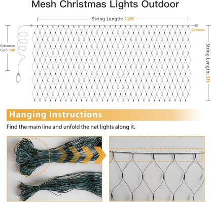 Suddus 360 LED Christmas Net Lights - Waterproof Connectable Green Wire for Outdoor Decoration | 12ft x 5ft