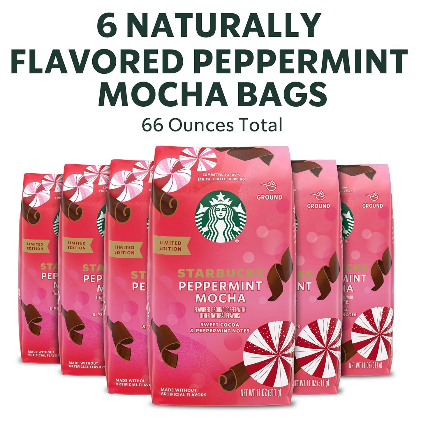 Starbucks Ground Coffee - Peppermint Mocha Flavor | 100% Arabica | Limited Holiday Edition, 6 Bags (11 Oz Each)