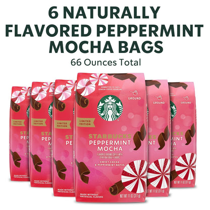 Starbucks Ground Coffee - Peppermint Mocha Flavor | 100% Arabica | Limited Holiday Edition, 6 Bags (11 Oz Each)
