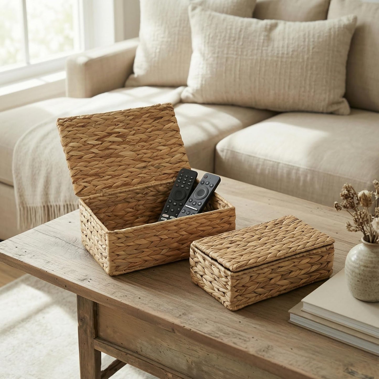 Skiennix Decorative Storage Boxes - Set of 2 Stylish Wicker Organizer Bins for Home Decor | Safely Store Photos & Keepsakes