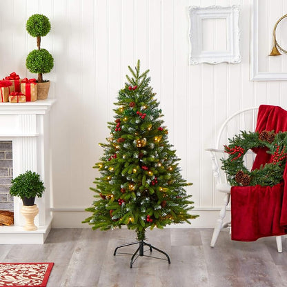 Snow Tipped Portland Spruce Prelit Christmas Tree, 4 ft with Frosted Berries & Pinecones - 100 LED Lights