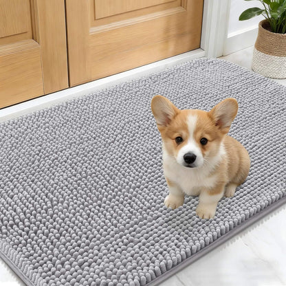OLANLY Dog Door Mat - Absorbent Non-Slip Washable Chenille Mat for Muddy Paws | 24x16 Light Grey