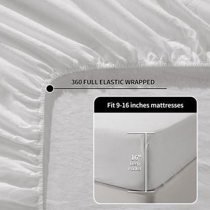 LBRO2M 100% Pure Linen Sheet Set Deep Pocket Up to 16" Bed Sheets Sets, Natural Flax Beddings Soft, Breathable, Comfortable for All Seasons 4 Pcs Sheet Set King Size, White