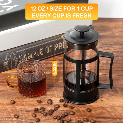 Skiennix Mini French Press Coffee Maker - Heat Resistant Borosilicate Glass | 12oz Black Coffee & Tea Pot