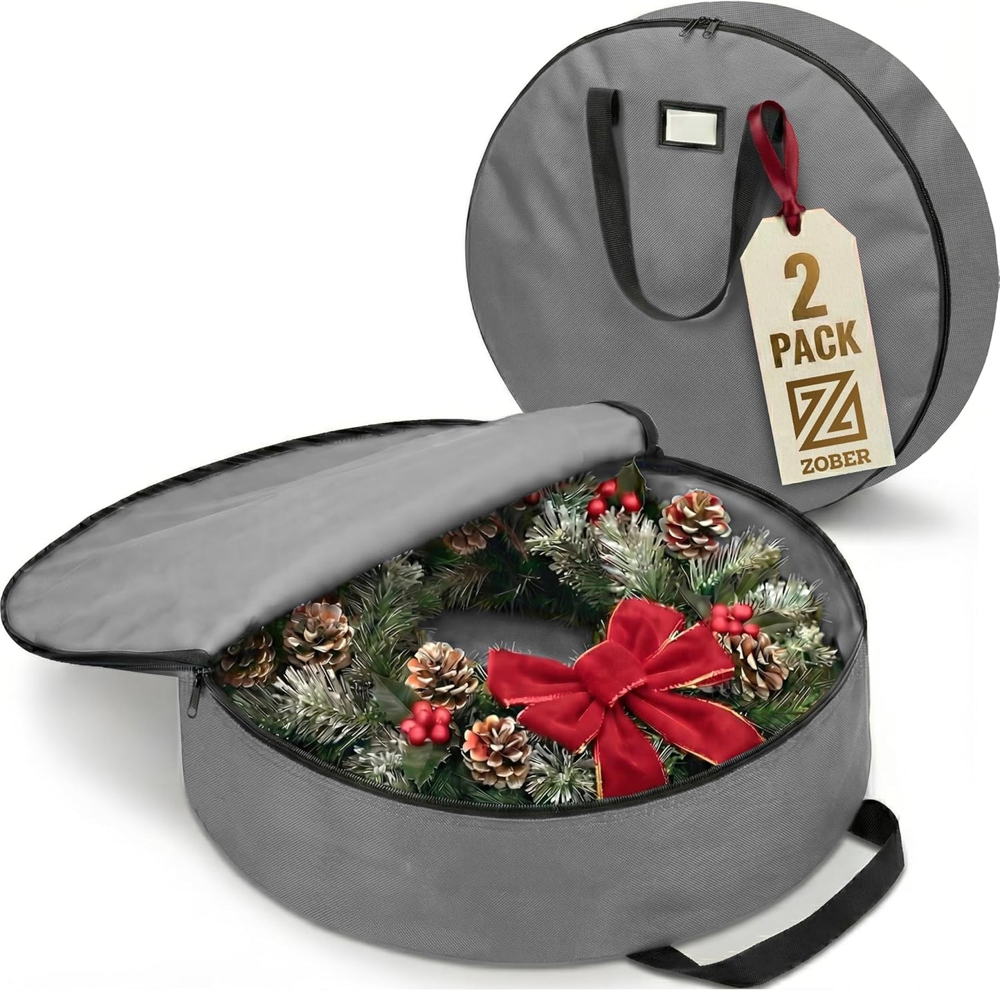 ZOBER 24-Inch Oxford Christmas Wreath Storage Container - Waterproof Dual Zipper Bag with Durable Handles - Gray