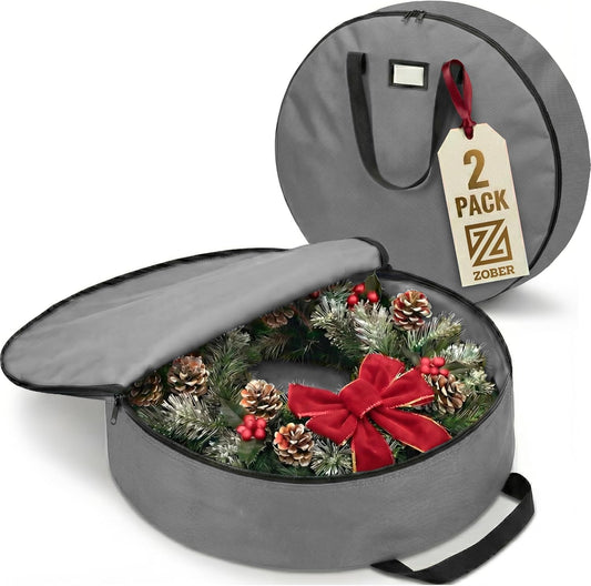 ZOBER 24-Inch Oxford Christmas Wreath Storage Container - Waterproof Dual Zipper Bag with Durable Handles - Gray