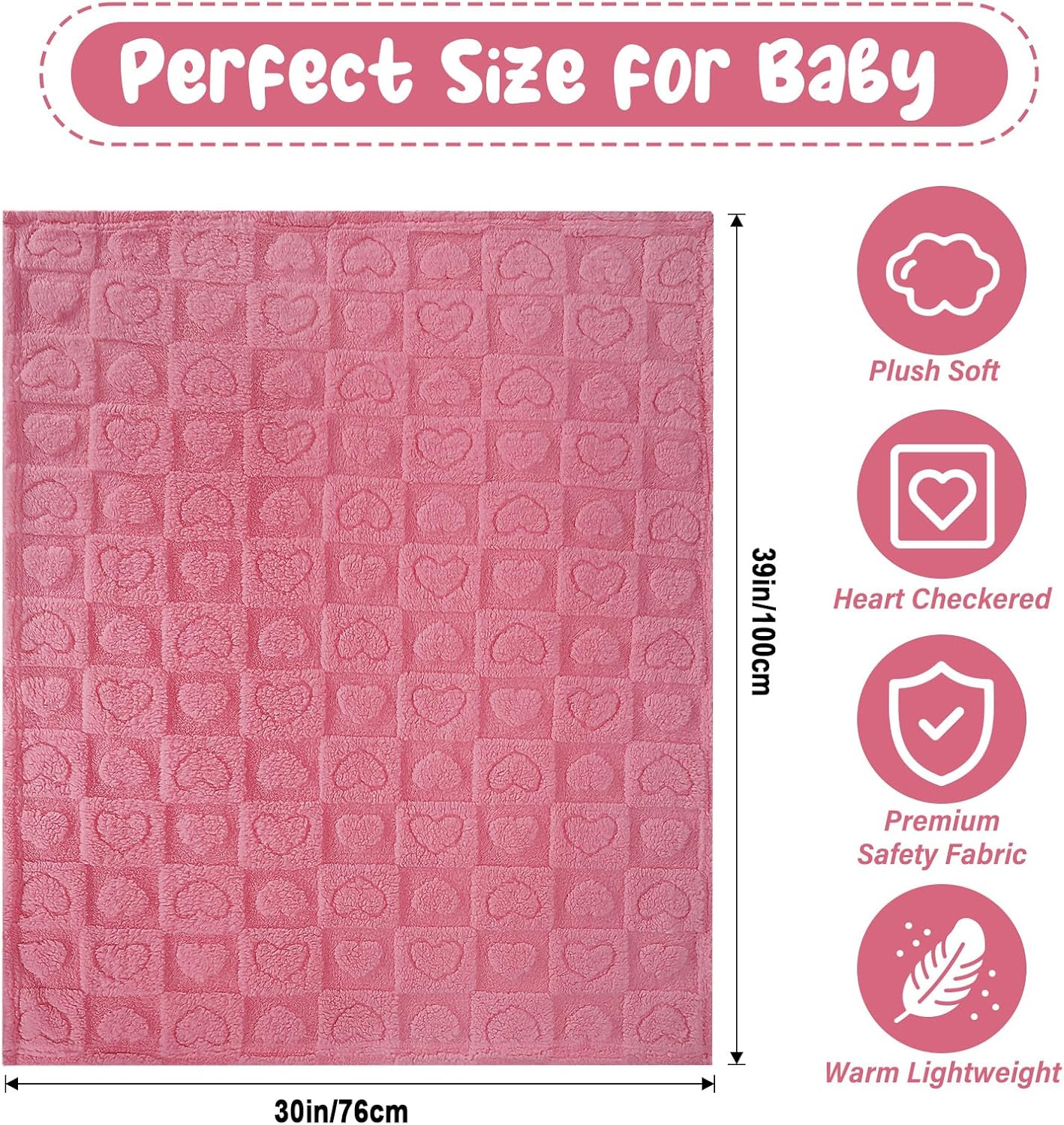 Skiennix Plush Soft Heart Checkered Baby Blanket - Warm Lightweight Fleece for Infants | 30" x 39" Deep Pink